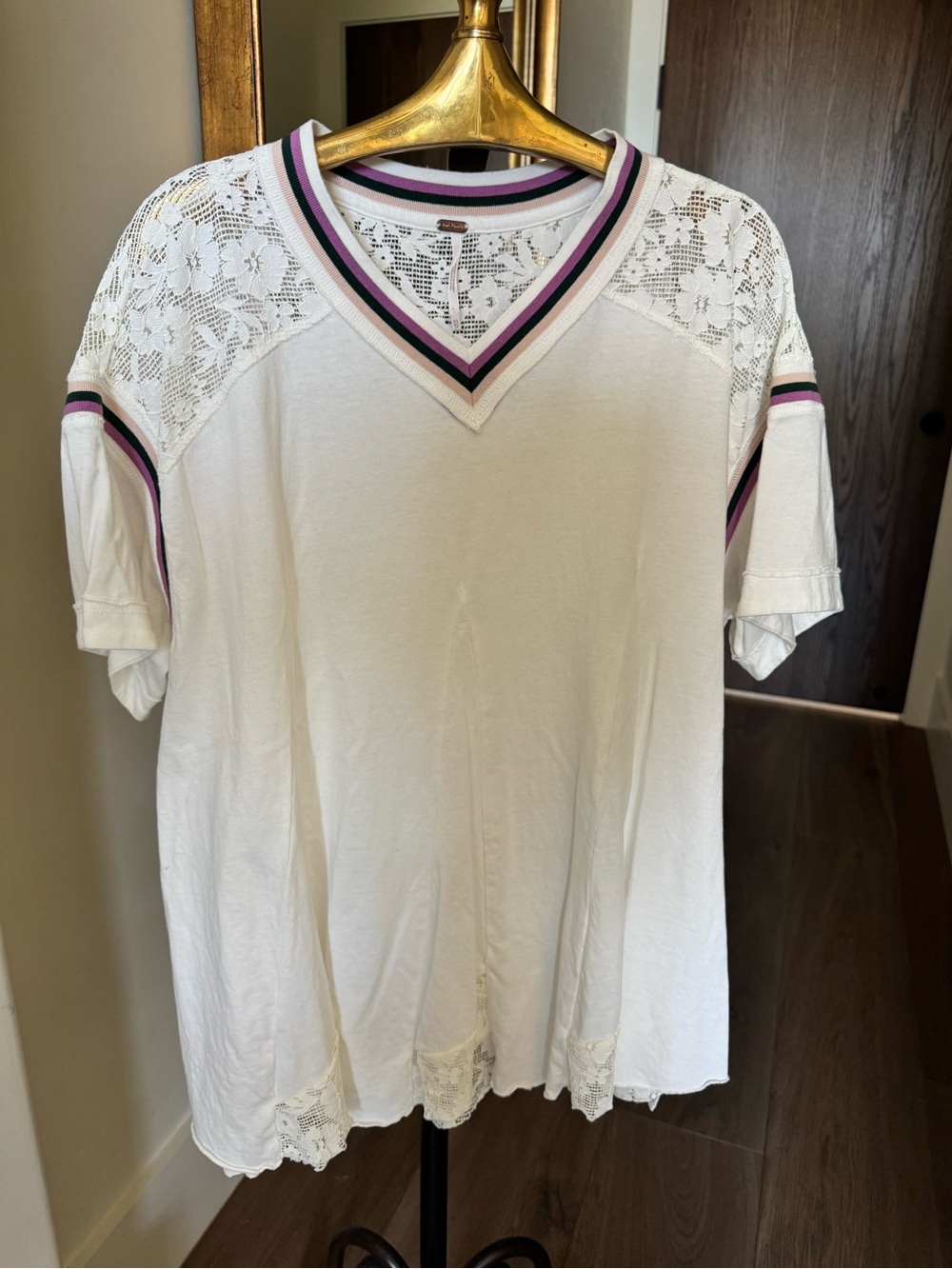 Free People White Crochet Yoke V‑Neck Tee with Pink and Black Stripe Trim
